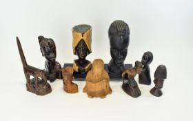 Collection Of Nine African Carved Wooden Busts & Associated Items,