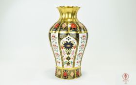 Royal Crown Derby Fine and Hand Painted Old Imari Pattern Tall Vase, with Solid Gold Bands.