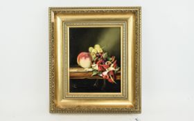 Zander ( 20th Century ) Stillife - Peach, Grapes & Flower on a Shelf - Oil on Board. Signed, Size 9.