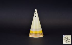 Clarice Cliff Conical Sugar Sifter, hand painted 'Bands, Liberty Stripe' pattern; c1933; 5.