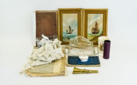 Assorted Collectables including jelly mould, old newspaper, pair of small pictures,