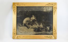 Antique Framed Print Large gilt framed print depicting a naively painted vixen and cubs nestled in