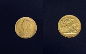 Old Victoria Head 22ct Gold Half Sovereign. Date 1899, London Mint - Please See Photo for Condition.