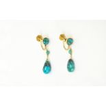 Pair Of ladies Turquoise Drop Earrings, Screw Back Mount Set With A Round Cabochon,
