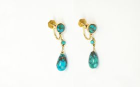 Pair Of ladies Turquoise Drop Earrings, Screw Back Mount Set With A Round Cabochon,