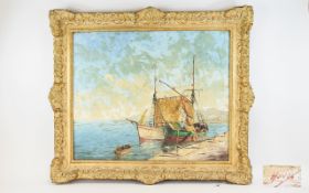 Hayes ( 20th Century ) Coastal Scene with Two Fishing Smacks Docked at The Shoreside with an