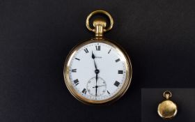 Cyma Gold Plated Open Faced Pocket Watch features a wide porcelain dial, black numerals,
