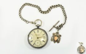 Victorian Period Silver Open Faced Pocket Watch Fusee pocket watch with attached silver Albert