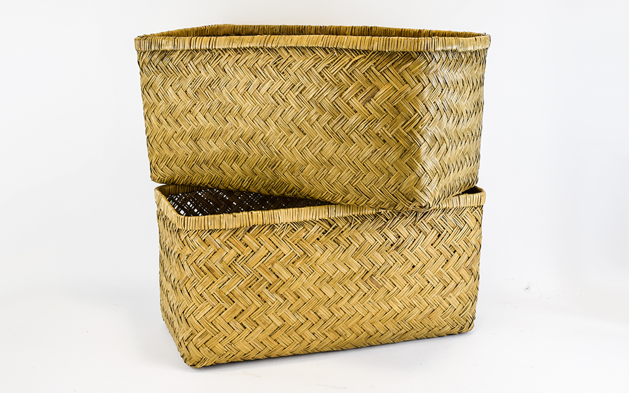 Vintage Woven Rattan Lidded Travel Basket Rectangular basket with matching slip over lid in pale