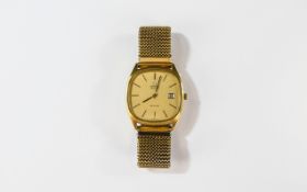 Omega Quartz De Ville Gentleman's Gold Plated Just Date Wrist Watch with attached gold plated mesh