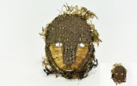 19thC Tribal Art Tortoiseshell Face Mask With Applied Sea Shells And feathers,