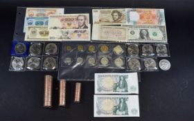 Small Mixed Lot Of Banknotes And Coins To Include 12 Modern Commemorative Crowns,