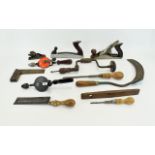 A Mixed Collection Of Antique And Vintage Tools To include scythe, hand plane, spirit level etc.