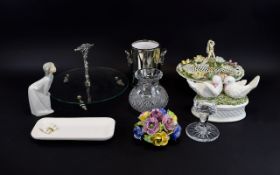 Mixed Lot comprising ice bucket, fruit stand, dish, glass candle holder, Spanish weave basket,