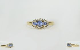 Ladies 9ct Yellow Gold Set 3 Stone Sapphire and Diamond Ring.