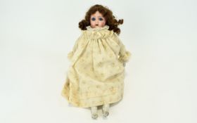 Early 20th Century German Bisque Head - Fully Jointed Body Girl Doll, Straw Filled,