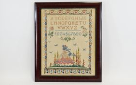Victorian - Nice Quality Framed Sampler, Features Alphabet and Lady Watering Her Garden within a
