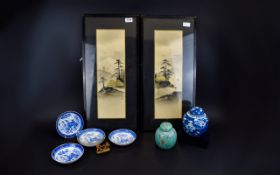 Oriental Mixed Lot comprising pair of Framed Silk prints, two ginger jars,