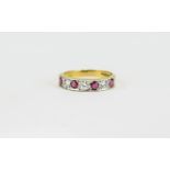 Ruby and Diamond Half Eternity Ring, comprising four round cut rubies interspaced with three similar
