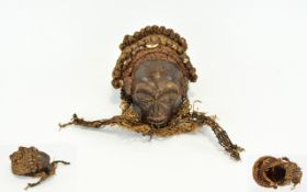 19thC Tribal Art Carved Face Mask, Braided Raffia With Applied Sea Shells,