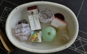 Old Childs Bath with assorted oddments including glass shades,