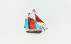 Mid 19th Century - Realistically Chromed Metal and Coloured Glass Model of a Racing Yacht In Full