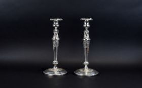 A Fine Pair of 20th Century Silver Plated on Copper Tall Candlesticks with Detachable Nozzles,