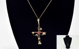 9ct Gold Edwardian Pendant Stylised Cross Design, Central Round Ruby Coloured Stone Between Leaf