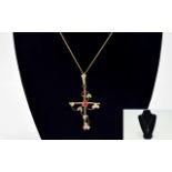 9ct Gold Edwardian Pendant Stylised Cross Design, Central Round Ruby Coloured Stone Between Leaf