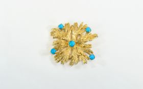 A Vintage Ladies Attractive Hand Made High 9ct Gold Turquoise Set Brooch c 1960's/1970's, 1.