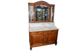 Antique Fine Quality Solid Oak White Marble Topped Buffet Sideboard with mirror back;