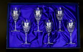 Royal Doulton Fine Quality Boxed Set Of Six Finest Cut Crystal Wine Glasses 'Juliette' pattern.