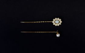 Victorian - Ladies Pair of 9ct Gold Set Stick Pins - Late 1890's.