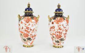 Royal Crown Derby Superb Pair Of Handpainted Twin Handle Lidded Vases.