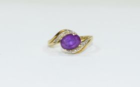 Ladies 9ct Gold Set Amethyst and Diamond Dress Ring. Fully Hallmarked. Ring Size - P. Excellent