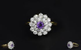 Ladies 9ct Gold Set Amethyst and Diamond Cluster Ring ' Flowerhead ' Setting,