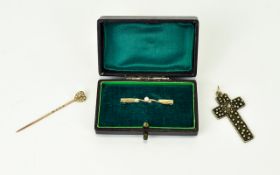 Victorian Stick Pin, Heart Shaped Terminal Set With Seed Pearls, Unmarked,