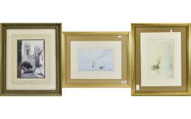 Three Framed And Mounted Prints Two watercolour prints in comtemporary plain gilt frames, also a