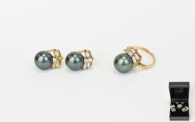 Faux Tahitian Pearl and CZ Ring and Earring Set,