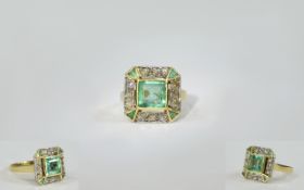 Antique Period 18ct Gold Set Emerald and Diamond Ring the central emerald of good colour.