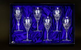 Royal Doulton Boxed Set Of Six Finest Cut Crystal Wine Glasses 'Juliette' pattern.