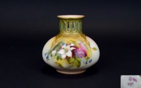 Royal Worcester Handpainted Squat Vase With Reticulated Neck. Summer flowers still life, date