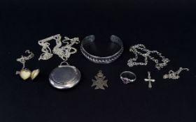 Small Mixed Lot Of Silver Comprising Chains, Locket, Bangle, Rings,