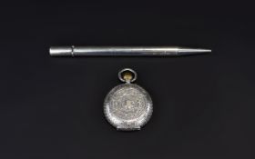 Antique Ladies Swiss Silver Ornate - Keyless Full Hunter Pocket Watch / Fob with Engraved Front and