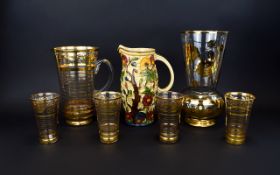 Gilt Glass Vase, Carafe and 4 Tumblers together with an Indian Tree Decorative Jug.