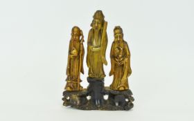 Chinese Early Finely Carved 19th Century Soapstone Group Figure of Three Bearded Immortals,