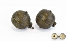 Antique Pair of 19th Century Sphere Shaped Asian Brass Metal Betel Nut Ball Boxes ( Killot Aya )