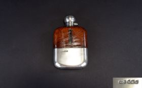 Victorian Period Good Quality Silver Hinged Topped Spirit Flask, with Leather cladding to Half Body.