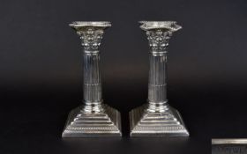 Edwardian Period Neoclassical Pair of Corinthian Column Silver Candlesticks,