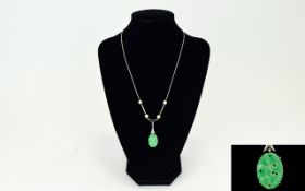 A Superb Art Deco Platinum Set Pearl and Jade Pendant Drop, with Integral Pearl Set Platinum Chain,